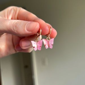 Purple butterfly charm huggie hoop earrings